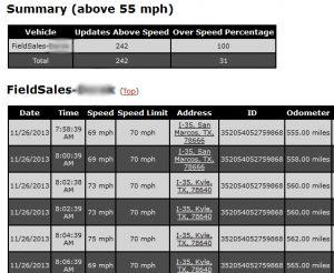Vehicle Tracking Service Speed Report